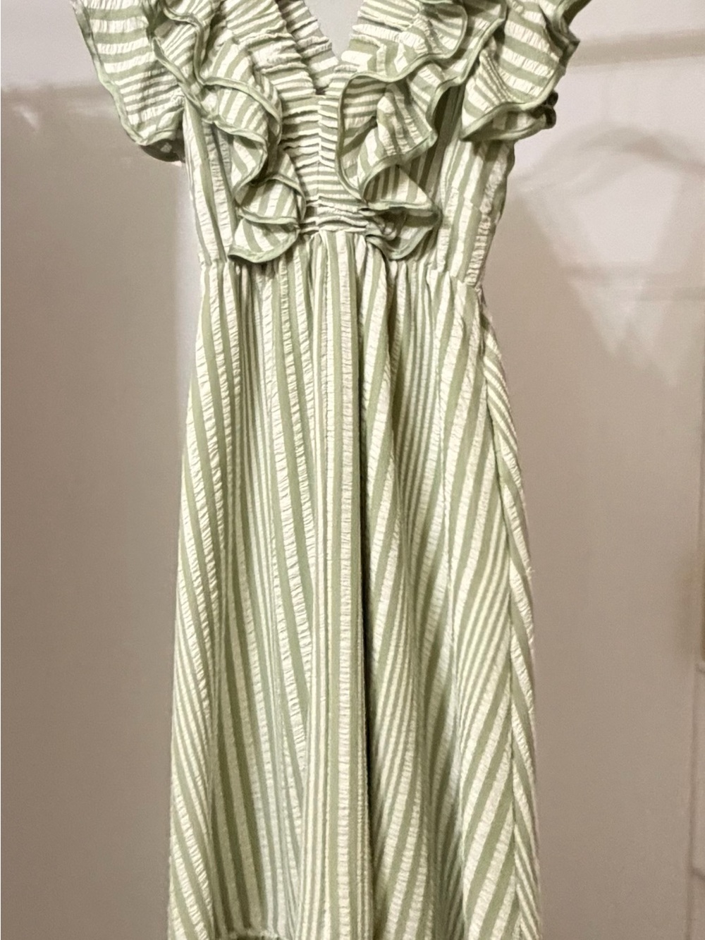 Umgee Light Green and White Striped Ruffled Maxi Dress